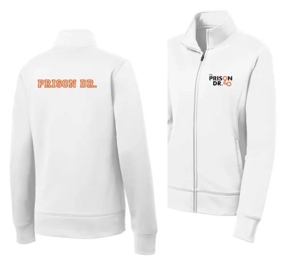 White zip-up jacket with 'The Prison Dr.' logo on the front and bold 'PRISON DR.' text on the back.